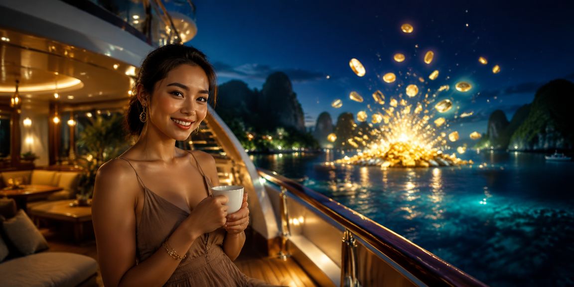 Suasana kafe di Vietnam dengan tampilan platform kasino online di layar laptop